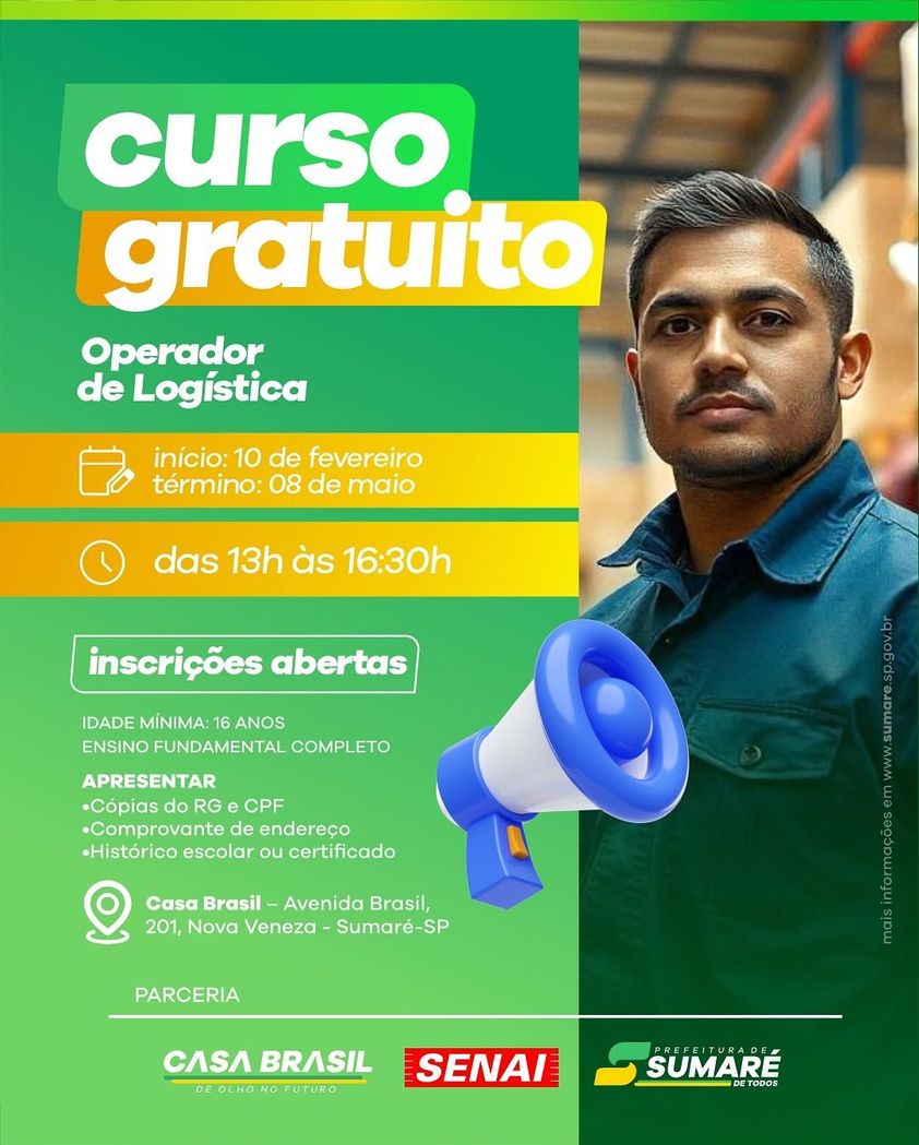  Curso gratuito de Operador de Logística abre inscrições em Sumaré